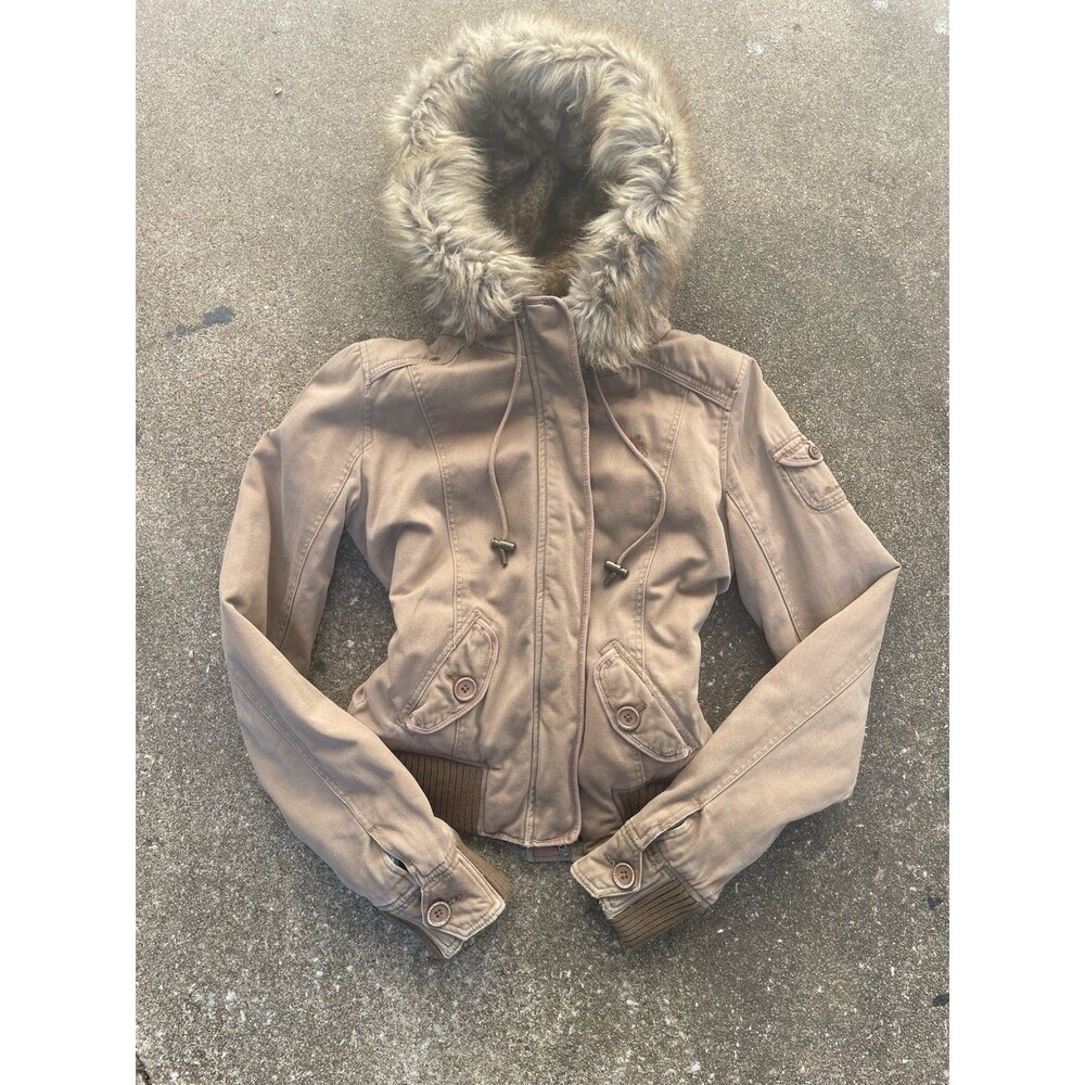 Vintage Y2K Abercrombie & Fitch 2000s Faux Fur Lined Hooded Bomber Jacket Large